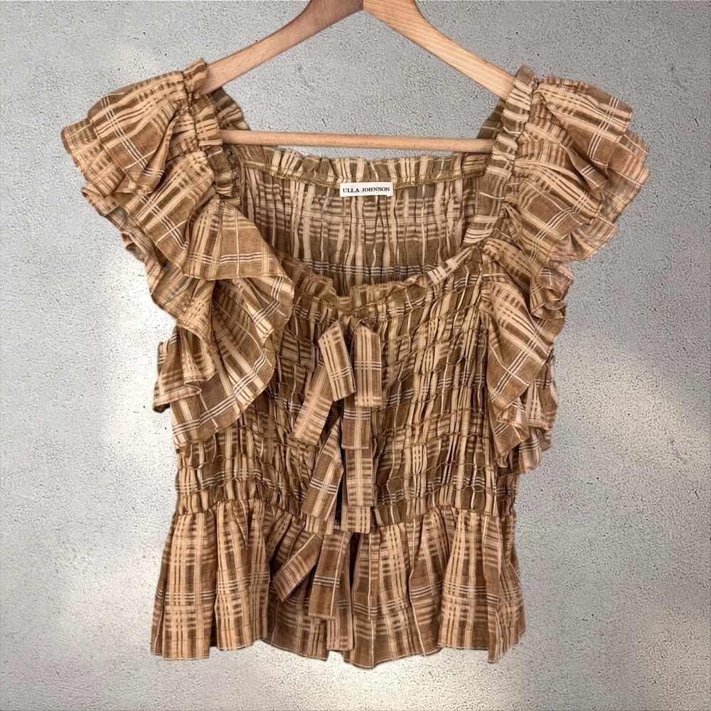 ULLA JOHNSON Camille Smocked Plaid Tank Top Blouse Cotton Silk Sz 4‎ - Picture 5 of 9